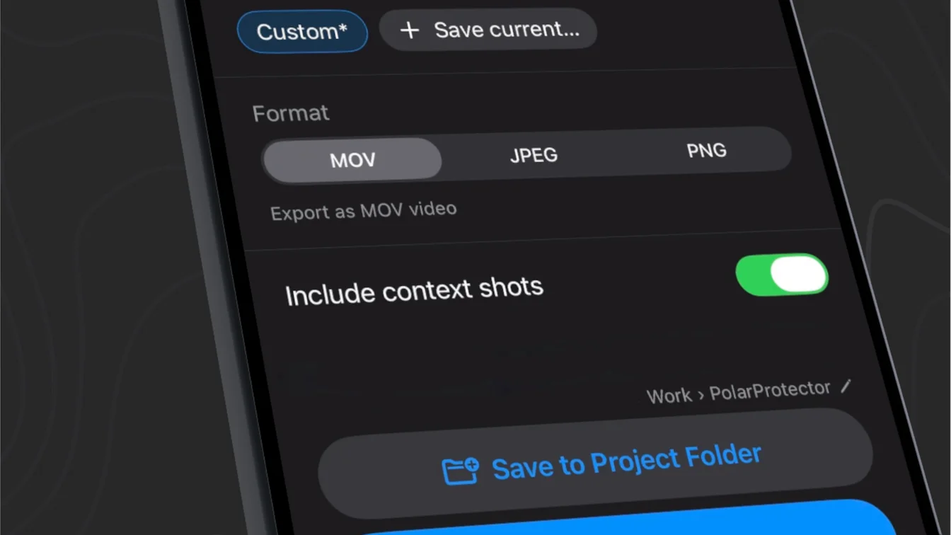 Export sheet with MOV, JPEG, and PNG format options and a Save to Project Folder button