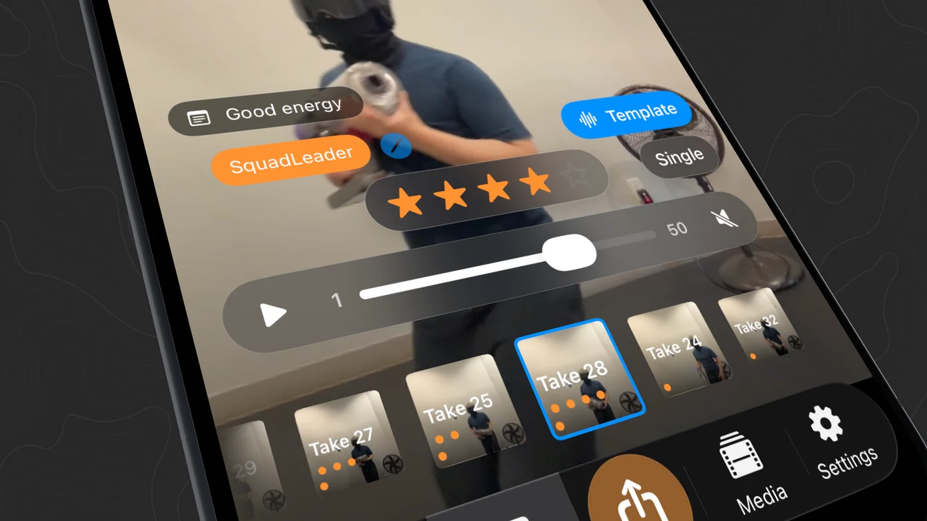 Take viewer with a filmstrip of takes along the bottom and a star rating, tags, and a note over the selected take