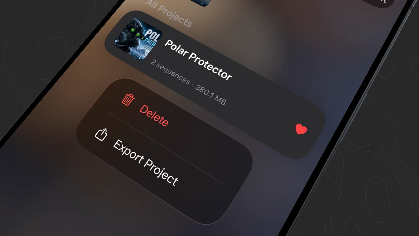 Context menu on a project card with Export Project and Delete actions